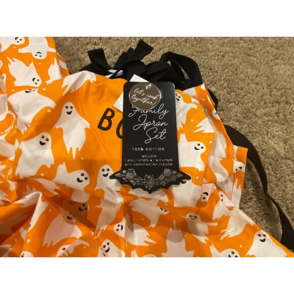Coterie Mommy & Child Cotton Apron Set Halloween Boo/Lil Boo Ghosts Orange White - Picture 4 of 5